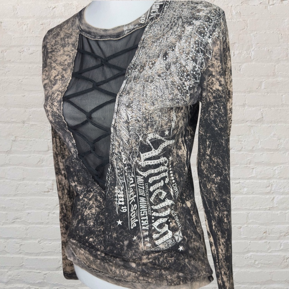 Affliction Lace-Up Graphic Long Sleeve Top – Size Large